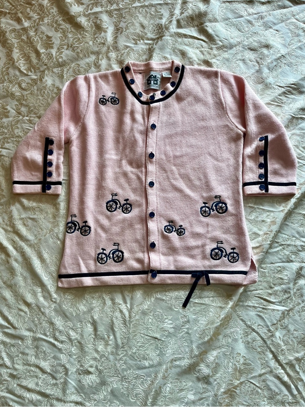 VTG Storybook Knits Pink Bicycle Cardigan Sweater Grandmacore Cottagecore XS Kni